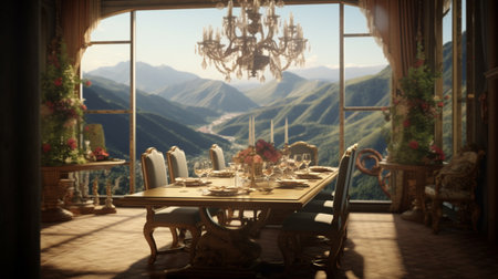 A dining room with a large chandelier and a large window with a view of the mountains. Created by Generative AI Toolsの素材