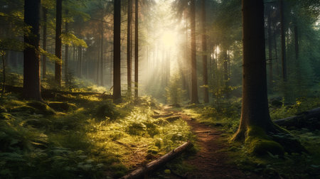 A forest with a sunburst in the background. Created by Generative AI Toolsの素材