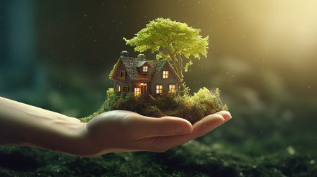 A hand holding a small house with a tree growing out of it. Created by Generative AI Toolsの素材