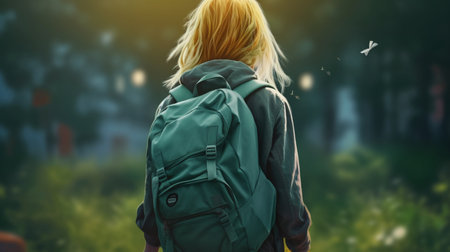 A girl with a green backpack. Created by Generative AI Toolsの素材