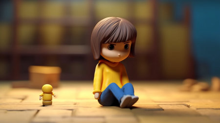 A girl with a yellow shirt and blue jeans sits on a small toy figure. Created by Generative AI Toolsの素材