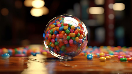 A glass ball with a colorful candy inside sits on a table. Created by Generative AI Toolsの素材
