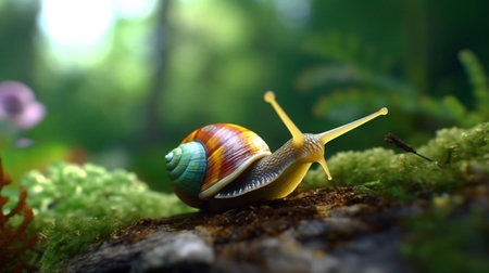 A green and yellow snail with a green shell on its face sits on the ground. Created by Generative AI Toolsの素材