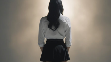A girl with black hair and a white shirt with a black skirt. Created by Generative AI Toolsの素材