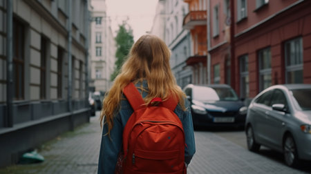 A girl with a red backpack stands on the street in front of a building. Created by Generative AI Toolsの素材