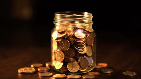 A jar of gold coins is on a table with a dark background. Created by Generative AI Toolsの素材