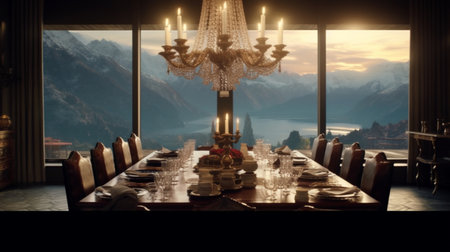 A dining room with a large chandelier and a large window with a view of the mountains. Created by Generative AI Toolsの素材