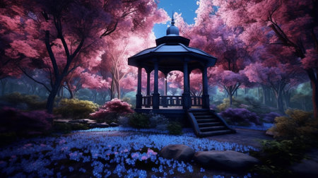 A forest scene with a blue gazebo and pink flowers. Created by Generative AI Toolsの素材