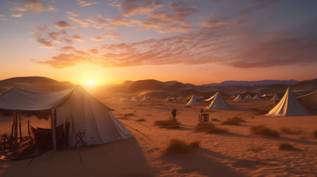 A desert camp with tents and a sunset in the background. Created by Generative AI Toolsの素材