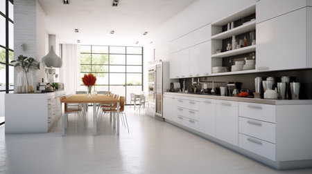 A kitchen with white walls and white cabinets. Created by Generative AI Toolsの素材