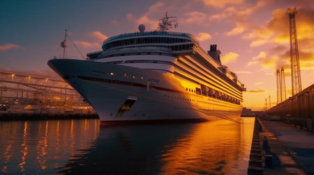 A cruise ship is docked at a dock at sunset. Created by Generative AI Toolsの素材