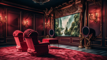 A home theater with a red chair and a large screen. Created by Generative AI Toolsの素材