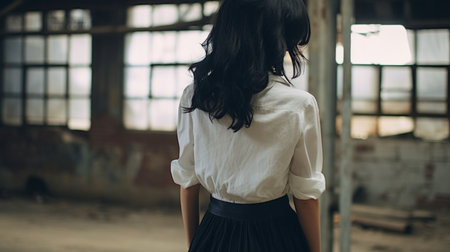 A girl with black hair and a white shirt with a black skirt. Created by Generative AI Toolsの素材