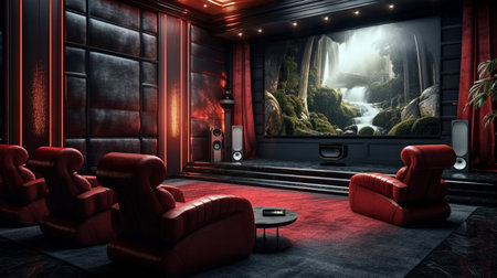 A home theater with a red chair and a large screen. Created by Generative AI Toolsの素材
