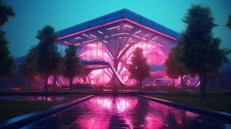 A futuristic building with pink lights and a green tree inside. Created by Generative AI Toolsの素材