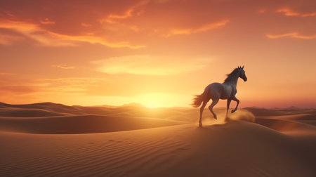 A horse is running in the desert with a sunset in the background. Created by Generative AI Toolsの素材
