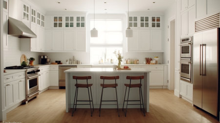 A kitchen with white walls and white cabinets. Created by Generative AI Toolsの素材