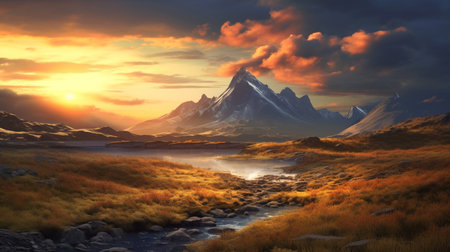 A landscape with a mountain in the foreground and a sunset in the background. Created by Generative AI Toolsの素材