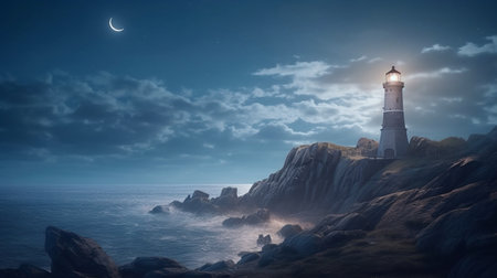 A lighthouse on a cliff with the moon behind it. Created by Generative AI Toolsの素材