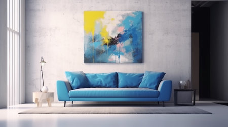 A living room with a blue couch and a white wall with a painting on it. Created by Generative AI Toolsの素材