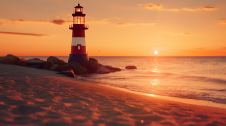 A lantern on the beach at sunset with a lighthouse in the background. Created by Generative AI Toolsの素材