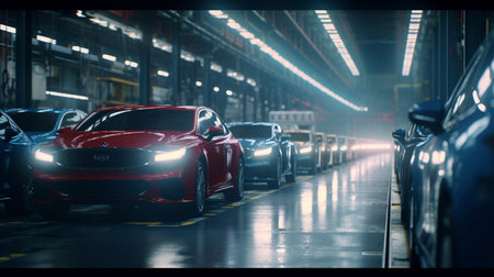 A line of cars on a production line. Created by Generative AI Toolsの素材