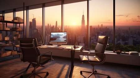 A modern office with a view of the city. Created by Generative AI Toolsの素材