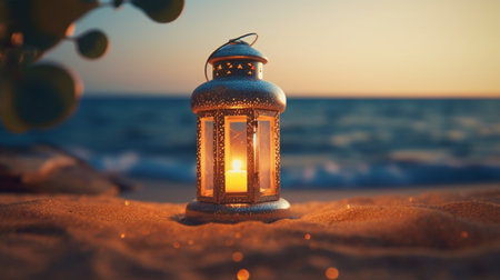 A lantern with a candle on it sits on a beach. Created by Generative AI Toolsの素材