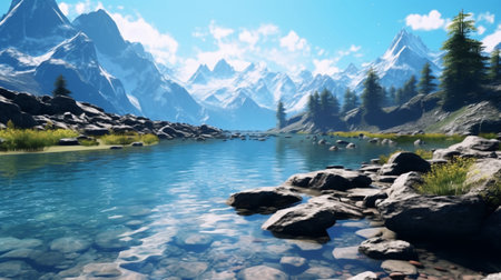 A mountain lake with a blue sky and mountains in the background. Created by Generative AI Toolsの素材