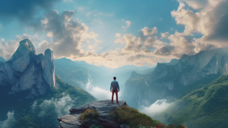 A man stands in front of a mountain with a sky background. Created by Generative AI Toolsの素材