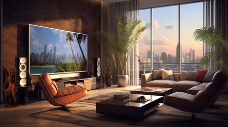 A living room with a large flat screen tv on the wall and a couch with a chair and a coffee table. Created by Generative AI Toolsの素材