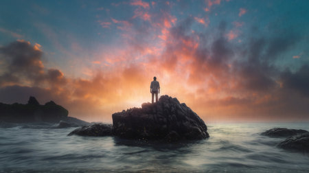 A man stands on a rock in the ocean looking up at the sky. Created by Generative AI Toolsの素材