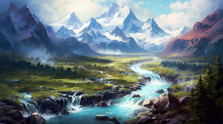 A painting of a mountain landscape with a river flowing through it. Created by Generative AI Toolsの素材