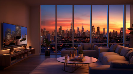 A living room with a view of the city at sunset. Created by Generative AI Toolsの素材