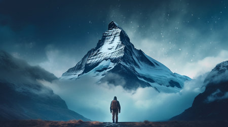 A man stands in front of a mountain with a sky background. Created by Generative AI Toolsの素材