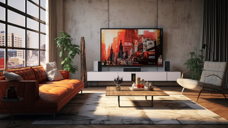 A living room with a large flat screen tv on the wall and a couch with a chair and a coffee table. Created by Generative AI Toolsの素材