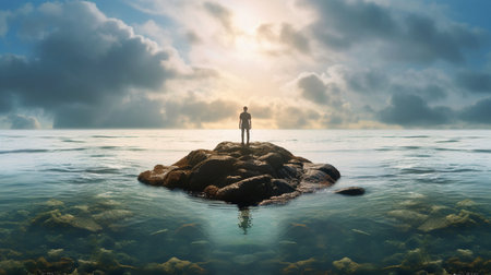 A man stands on a rock in the ocean looking up at the sky. Created by Generative AI Toolsの素材