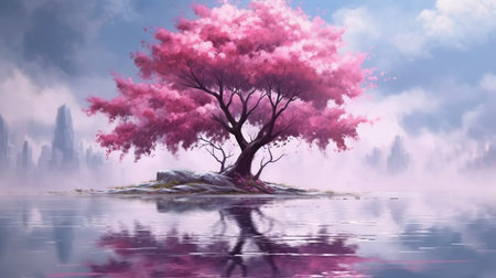 A painting of a tree with pink leaves and the reflection of the water. Created by Generative AI Toolsの素材
