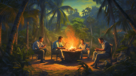 A painting of a fire in a tropical area with a group of men sitting around a table. Created by Generative AI Toolsの素材