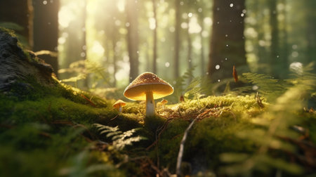 A mushroom in a forest with the sun shining through the trees. Created by Generative AI Toolsの素材