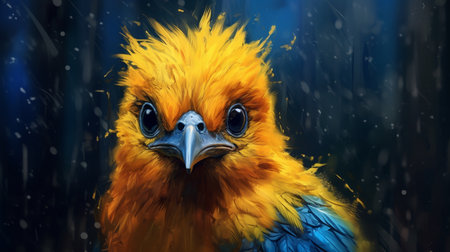 A painting of a bird with a yellow head and blue eyes. Created by Generative AI Toolsの素材