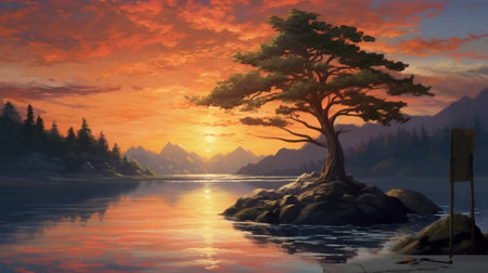 A painting of a tree on a lake with a sunset in the background. Created by Generative AI Toolsの素材