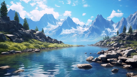A mountain lake with a blue sky and mountains in the background. Created by Generative AI Toolsの素材