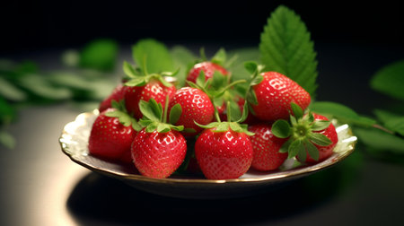 A plate of strawberries with a green leaf on top. Created by Generative AI Toolsの素材