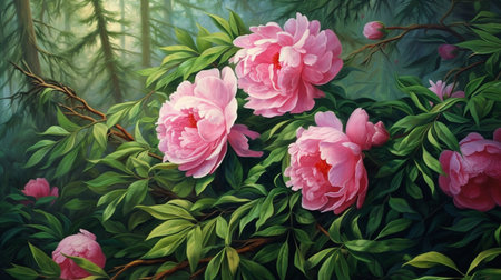 A painting of pink peonies with green leaves on the top. Created by Generative AI Toolsの素材