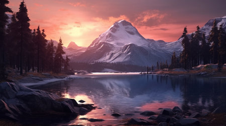 A mountain landscape with a mountain and a lake with a sunset in the background. Created by Generative AI Toolsの素材