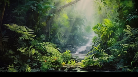 A painting of a jungle scene with a green plant and a green leafy plant. Created by Generative AI Toolsの素材