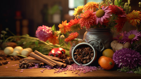 A picture of flowers and spices on a table. Created by Generative AI Toolsの素材