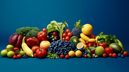 A picture of vegetables and fruits with a blue background. Created by Generative AI Toolsの素材