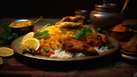 A plate of biryani with a bunch of food on it. Created by Generative AI Toolsの素材